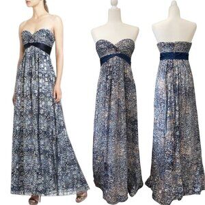 BcbgMaxazria Silk Abstract Floral Print Empire Maxi Long Dress Chiffon Gown Navy
